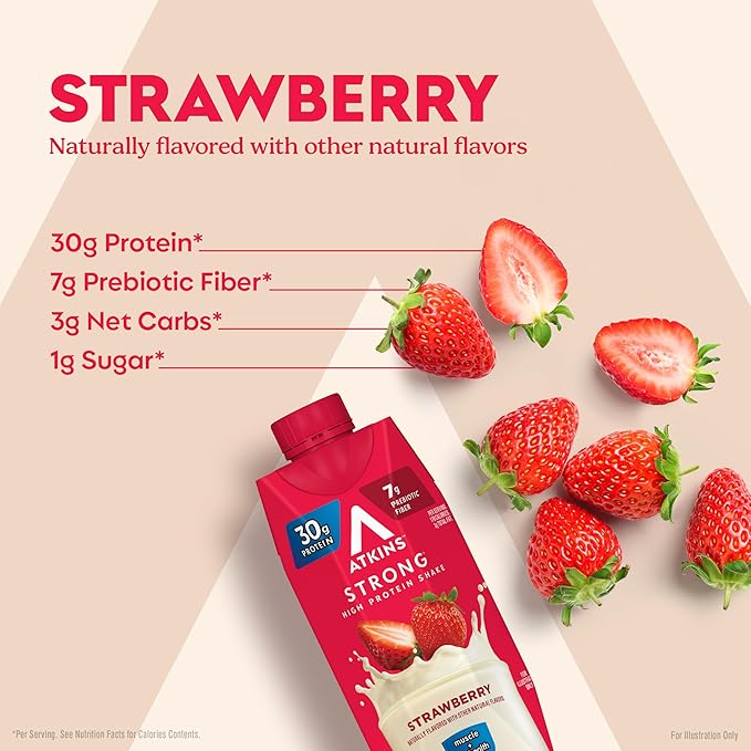 Atkins Strong High Protein Shake, Strawberry, 30g Protein, 7g Prebiotic Fiber, Muscle & Gut Health Support Complex, 12 Count