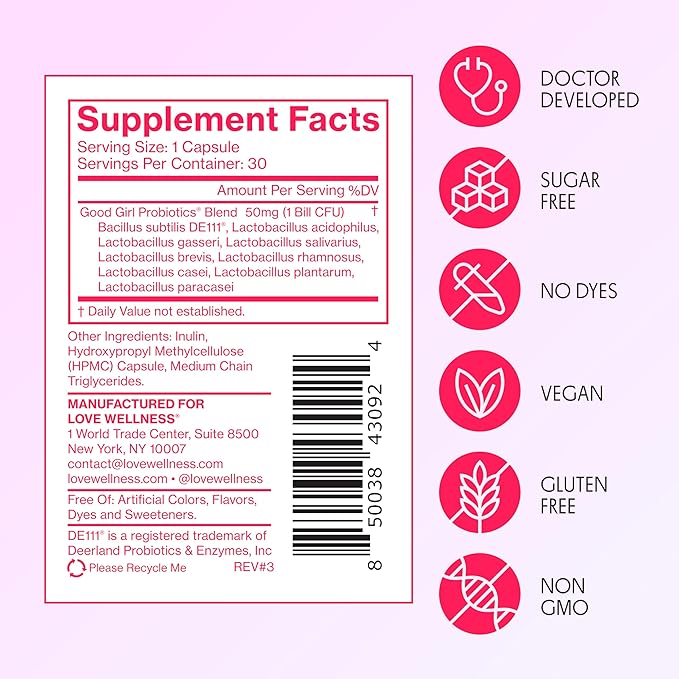 Love Wellness Good Girl Probiotics | Women’s Vaginal Health & pH Balance Supplement | 9-Strain Probiotic for Urinary Tract, Yeast, Odor & Immune Support | Gluten-Free | 60 CT, 60-Day Supply
