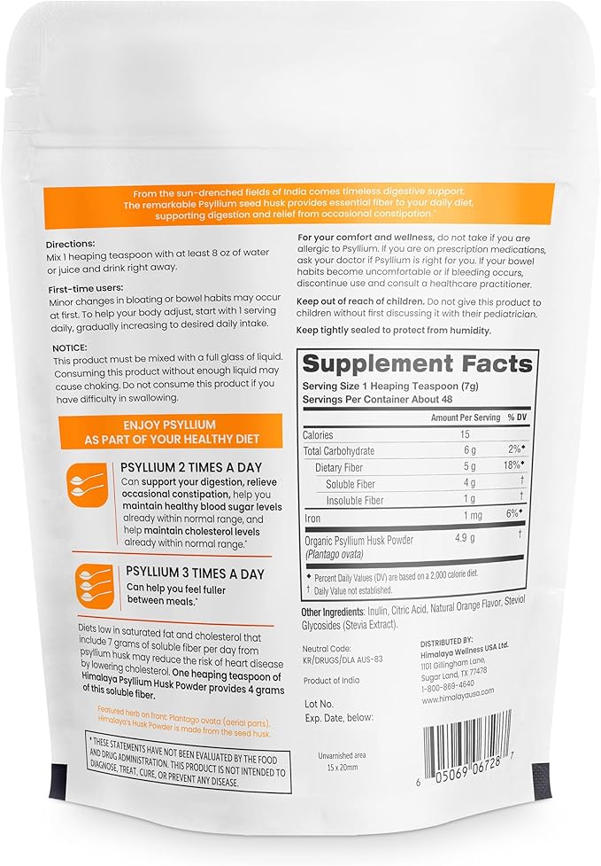 Himalaya Psyllium Husk Powder, Orange, 48 Servings - Daily Fiber Supplement for Supporting Digestive Health and Regularity - Vegan, Non-GMO, Sugar Free, Gluten Free, 12 oz (340 g)