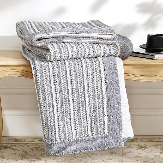 Amélie Home Chenille Striped Knit Throw Blanket for Couch Twin, Reversible Soft Cozy Knit Blanket Lightweight Warm Decorative Throw for Sofa, Bed, Living Room, 50"x60", Grey & White