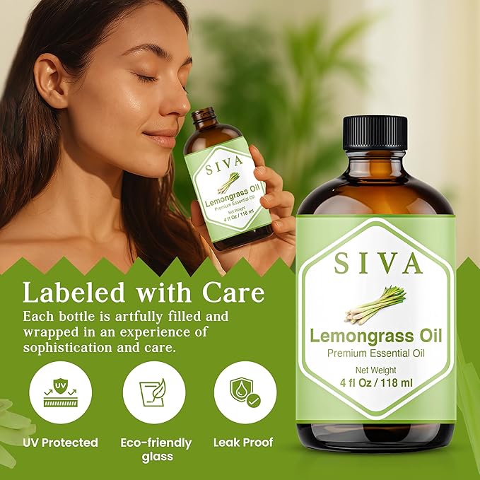 SIVA Lemongrass Essential Oil - 4 Fl Oz – Natural Lemongrass Oil - for Diffuser, Face, Skin Care, Aromatherapy, Hair Care, Scalp and Body Massage - with Dropper