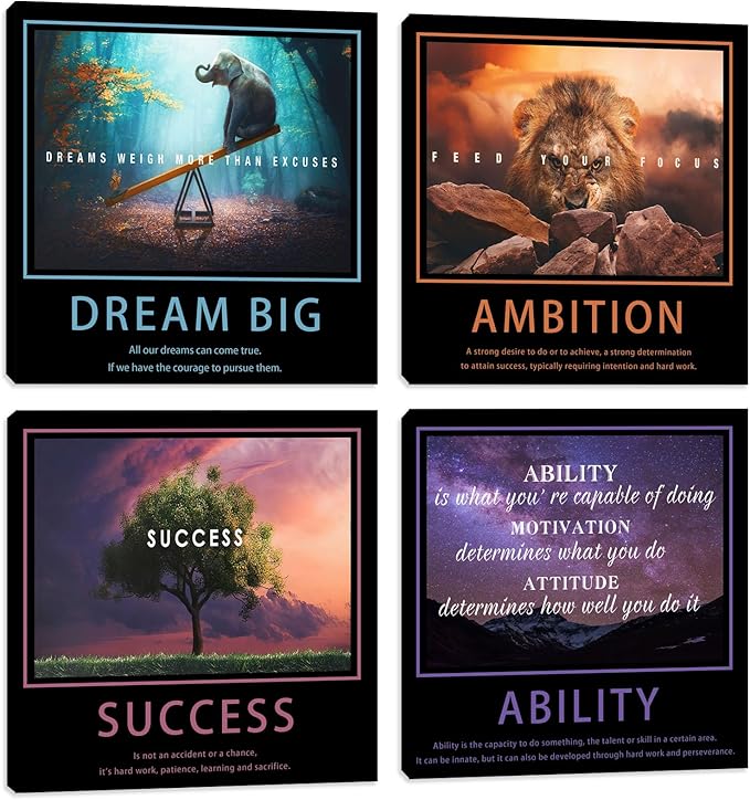Motivational Wall Decor Art Office Wall Decor Inspirational Wall Art Success Canvas Paintings Quotes Posters Wall Picture 4 Pieces Framed Artwork Living Room Bedroom Home Decoration 12"x12"x4pcs