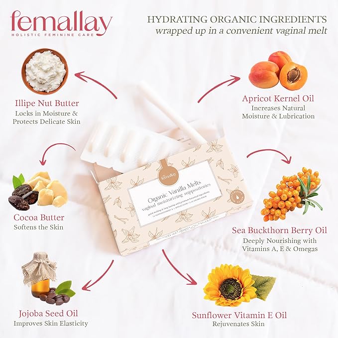 Femallay Organic Vaginal Moisturizing Suppository Melts - 100% Natural Suppositories for Vaginal Odor and Dryness Relief, Ultra-Hydrating Fast-Acting Comfort (Vanilla)