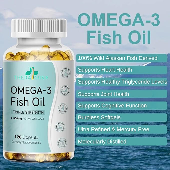 Triple Strength Wild Alaskan Omega-3 2500mg + EPA 1,300mg + DHA 1,200mg, Supplement for Heart and Joint Health, 120 Softgels 60 Day Supply