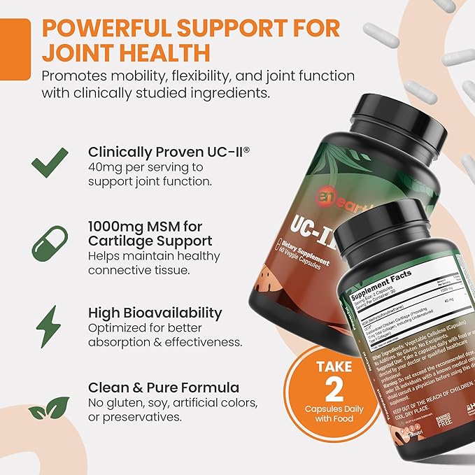 UC-II & MSM Supplement for Bone Health and Joint Flexibility - Supports Mobility & Comfort - 40mg UC-II Providing 10mg Total Collagen & 1000mg MSM - 60 Capsules (2 Caps Daily)