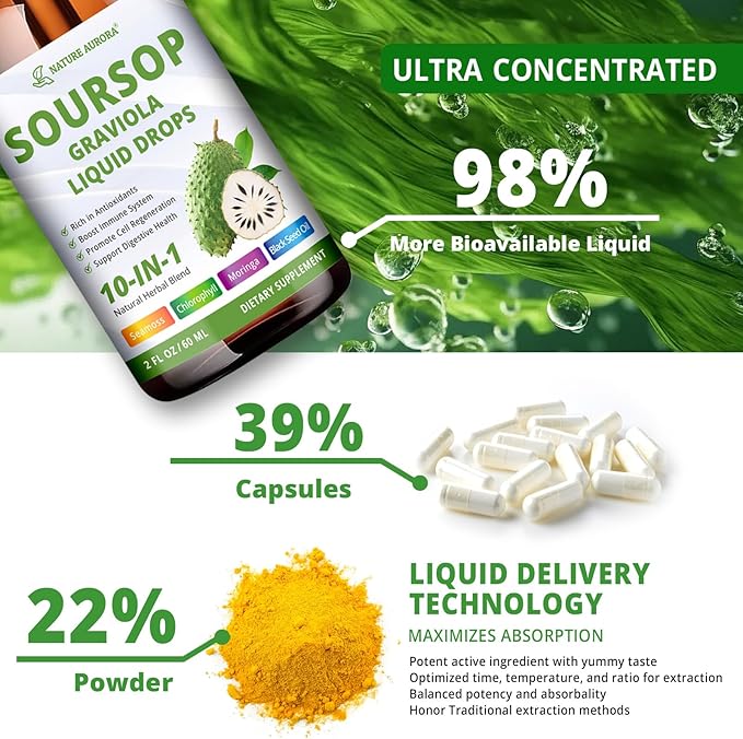 Soursop Drops - 10 in 1 Soursop Bitters Liquid, 2000mg Soursop Extract with Sea Moss, Moringa, Turmeric, Black Seed Oil, Oregano, Ashwagandha - Immune, Antioxidant, Digestive & Cell Support, 2 Fl Oz