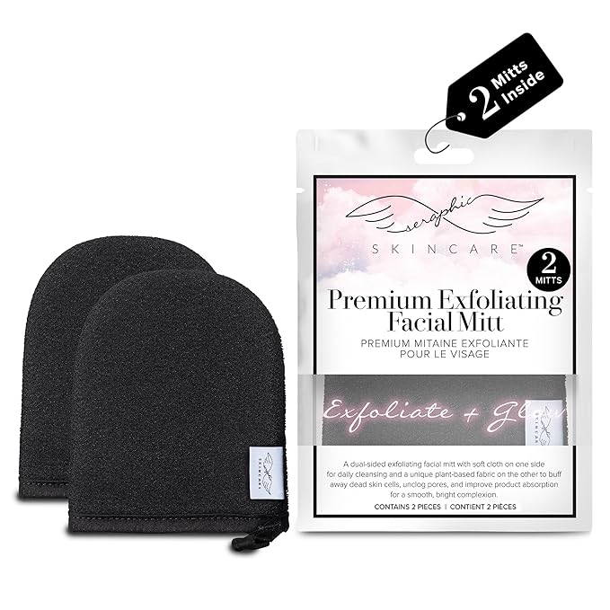 Seraphic Skincare Premium Exfoliating Facial Mitt 2 Pack – 100% Vegan Dual-Sided Face Mitten with Viscose & Washcloth – Facial Scrub Pad for Gentle Cleansing & Exfoliation – Natural Dead Skin Remover