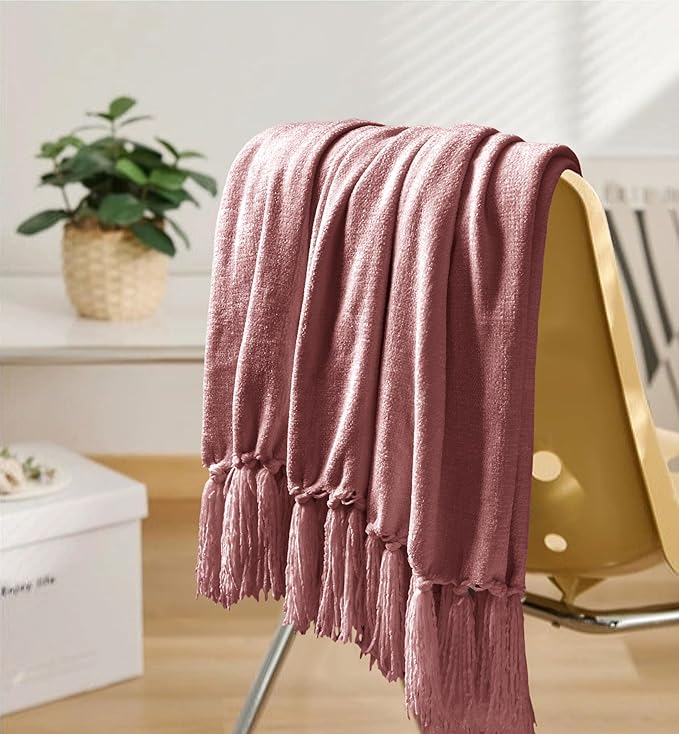 Chenille Throw Blanket for Couch 60"X 80" Twin, Soft Cozy Throws with Fringe Tassel for Bed Sofa Chair Cover, Lightweight Knitted Decorative Boho Blankets for Living Room, Mauve