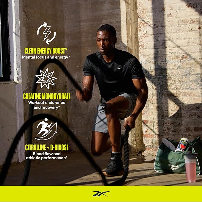 Reebok Pre-Workout Powder | 200mg Natural Caffeine, 3g Creatine Monohydrate | Clean Energy Pre Workout for Strength, Focus & Pump | Informed-Sport Certified | ReeEnergize | Watermelon Crush