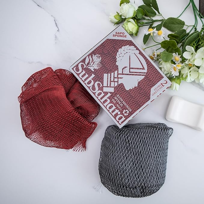 SubSahara Authentic African Net Sponge - 2 Pieces Exfoliating Scrubber for All Skin Types, Bath Sponge for Face & Body, Travel Portable, Durable, Gentle Exfoliation (Gray & Rust Red)
