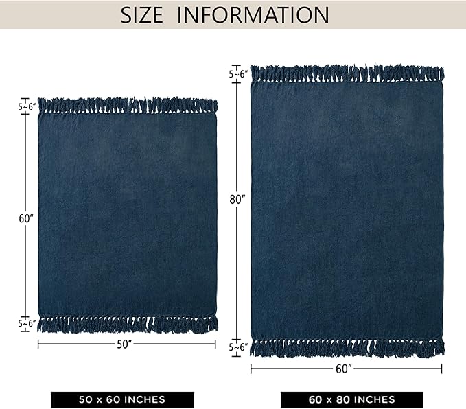 Chenille Throw Blanket for Couch 60"X 80" Twin, Soft Cozy Throws with Fringe Tassel for Bed Sofa Chair Cover, Lightweight Knitted Decorative Boho Blankets for Living Room, Navy Blue