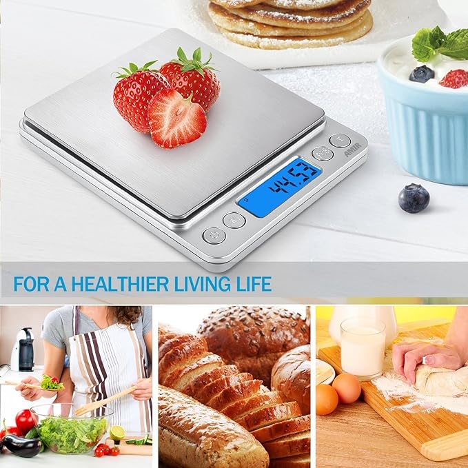 (Upgraded) AMIR Digital Kitchen Scale, 500g Mini Pocket Jewelry Scale, Food Scale, Coffee Scale, Back-Lit LCD Display, 2 Trays, 6 Units, Auto Off, Tare, PCS, Stainless Steel (Batteries Included)
