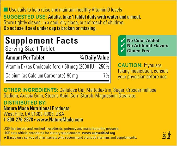 Nature Made Vitamin D3 2000 IU (50 mcg), Vitamin D Supplement for Bone, Teeth, Muscle and Immune Health Support, 220 Tablets, 220 Day Supply