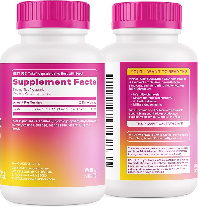 Pink Stork Folic Acid Supplement for Women – 400mcg, Daily Vitamin B9 for Prenatal & Fertility Support, Supports Red Blood Cell Formation & Energy – 30 Vegetarian Capsules