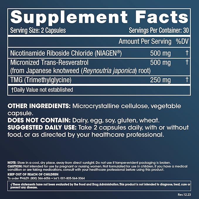 ProHealth Nicotinamide Riboside Pro Complete NAD+ Supplement. 500mg Patented Niagen NR (The Active Ingredient in NMN), Plus 250mg TMG, Plus 500mg Trans-Resveratrol. Equal to 690mg of NMN. 30 Servings