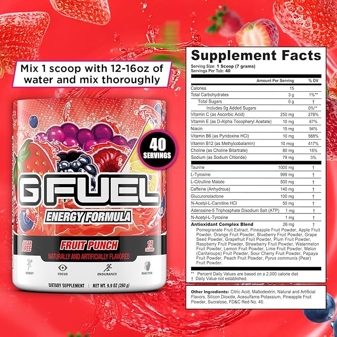 G Fuel Fruit Punch Energy Drink Powder, Pre Workout Caffeine Mix for Gaming, Sugar Free Focus Amino, Vitamin + Antioxidants, 9.9oz (Fruit Punch, 40 Servings)