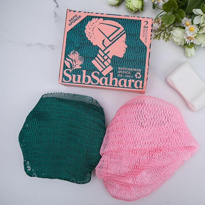 SubSahara Authentic African Net Sponge - 2 Pieces Exfoliating Scrubber for All Skin Types, Bath Sponge for Face & Body, Travel Portable, Durable, Gentle Exfoliation (Ligh Pink & Teal)