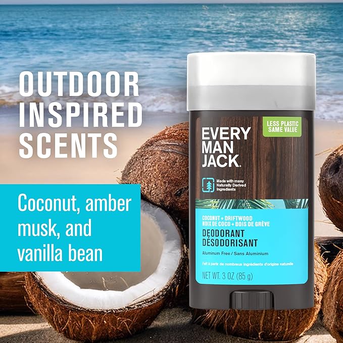 Every Man Jack Coconut Driftwood Men’s Deodorant - Stay Fresh with Aluminum Free Deodorant For all Skin Types - Odor Crushing, Long Lasting, with Naturally Derived Ingredients - 3oz (2 Pack)