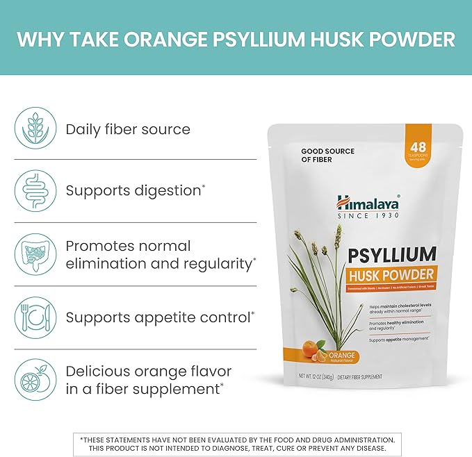 Himalaya Psyllium Husk Powder, Orange, 48 Servings - Daily Fiber Supplement for Supporting Digestive Health and Regularity - Vegan, Non-GMO, Sugar Free, Gluten Free, 12 oz (340 g)