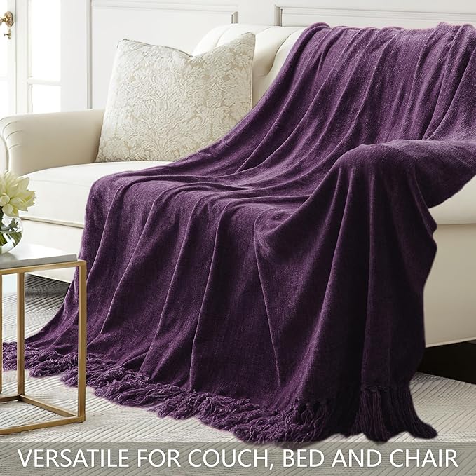 Chenille Throw Blanket for Couch 60"X 80" Twin, Soft Cozy Throws with Fringe Tassel for Bed Sofa Chair Cover, Lightweight Knitted Decorative Boho Blankets for Living Room, Dark Purple