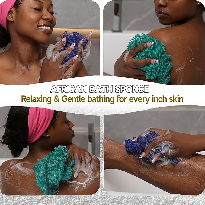 SubSahara Authentic African Net Sponge - 2 Pieces Exfoliating Scrubber for All Skin Types, Bath Sponge for Face & Body, Travel Portable, Durable, Gentle Exfoliation (Dark Blue & Forest Green)