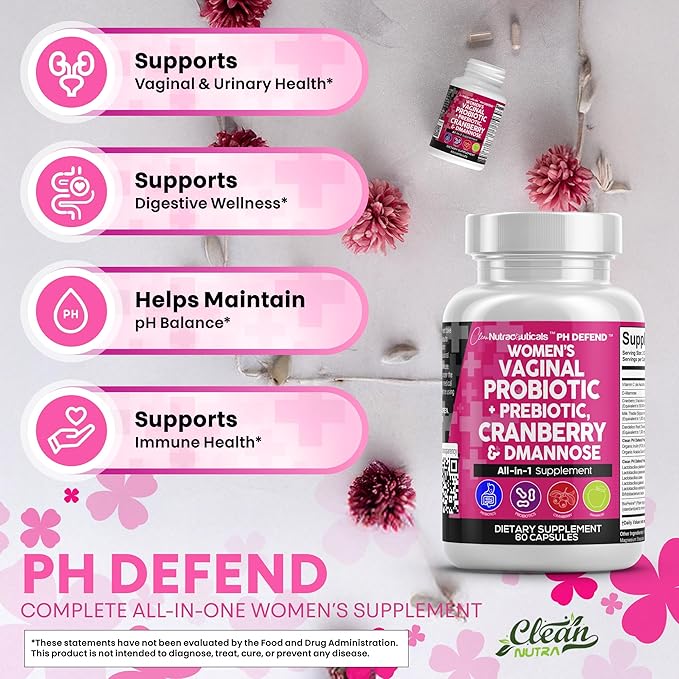 Clean Nutraceuticals Vaginal Probiotics for Women + Prebiotics 20 Billion Cranberry Pills w D-Mannose 500 mg for Urinary Tract Health pH Balance - for Vaginal Health Supplements Pills - 2Pack