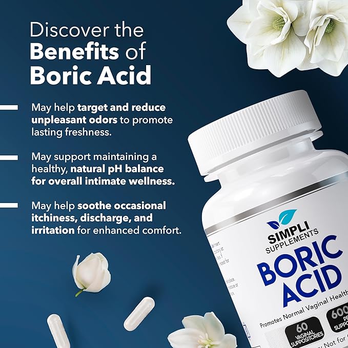 60 Boric Acid Suppositories for Women | BV Treatment for Women | pH Balance Pills | Vaginal Care | Bacterial Vaginosis Treatment Boric Acid (600mg)