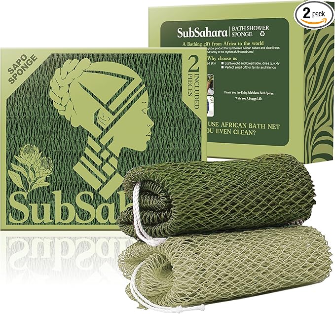 SubSahara Authentic African Net Sponge - 2 Pieces Exfoliating Scrubber for All Skin Types, Bath Sponge for Face & Body, Travel Portable, Durable, Gentle Exfoliation (Olive Green & Light Green)