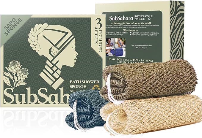 SubSahara African Net Sponge Authentic - 3 Pieces Gentle Exfoliating Scrubber for All Skin Types, Bath Sponge for Face & Body, Travel Portable