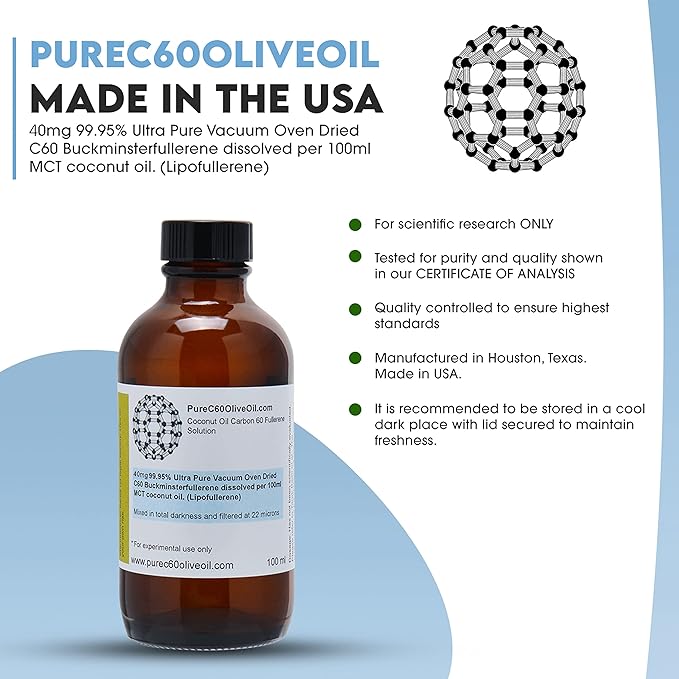 PureC60OliveOil C60 Organic MCT Coconut Oil 100ml / 3.4 Fl Oz - 99.95% Carbon 60 Solvent Free 40mg - Amber Glass Bottle - Food Grade - Carbon 60 Coconut Oil - From The Leading Global Producer