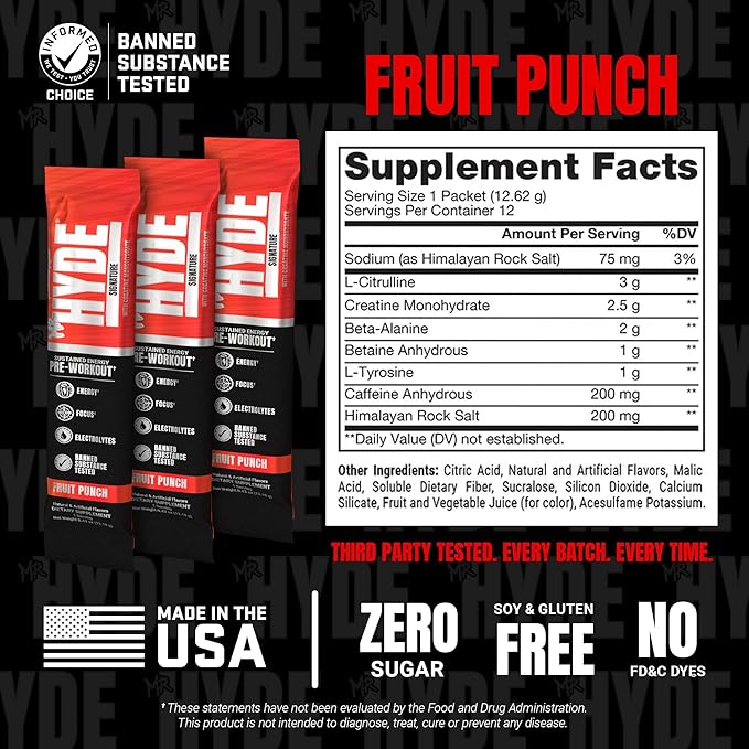 PROSUPPS Mr. Hyde Signature Pre Workout Drink Mix- Performance, Energy & Endurance with Creatine, Beta Alanine & Caffeine - Clean Gym Supplements for Men & Women (Fruit Punch, 12 On-The-Go Packets)