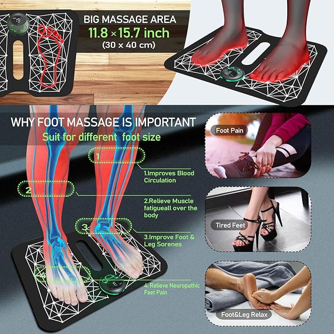 EMS Foot Massager Mat Back Massager for Neuropathy Pain Relief Electric Legs Feet Stimulator Machine Acupressure Pad with Remote Control