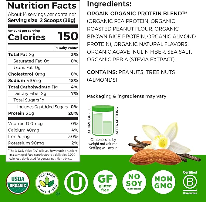 Orgain X Justin's ® Organic Vegan Nut Butter Protein Powder, Vanilla Almond Butter- 20g Plant Protein, 1g Sugar, Gluten Free, No Dairy, Soy Ingredients, or Artificial Flavors, 1.17 lb