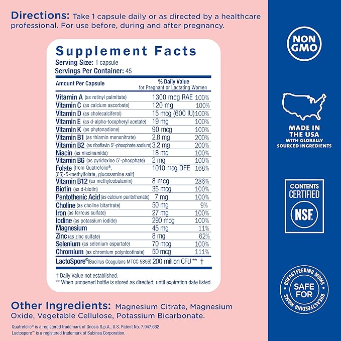 Mommy's Bliss Prenatal Multivitamin with Iron and Folic Acid, Supports Baby Development + Mom Immune System & Energy Levels w/ B Vitamins & Probiotics, Vegan & Gluten Free (45 Servings)