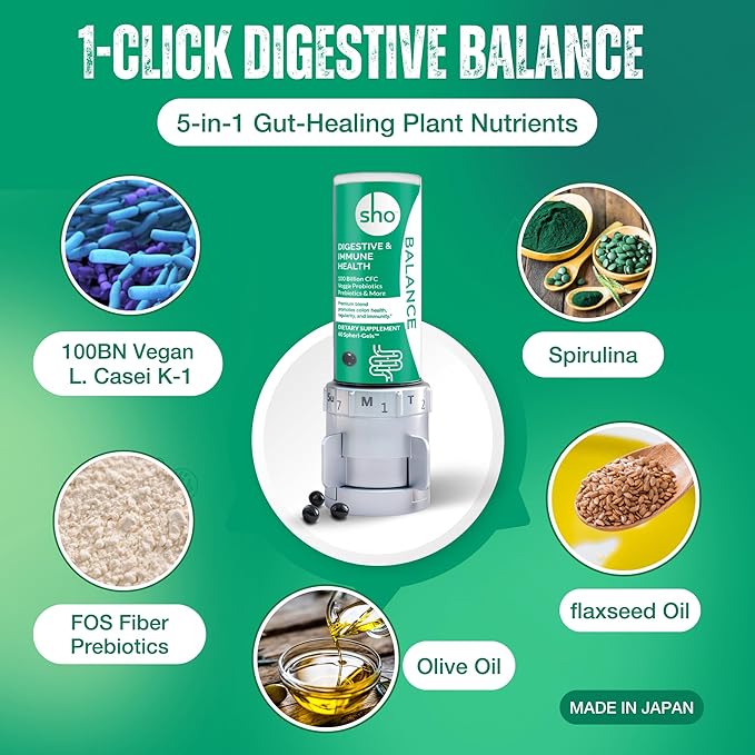 SHO Balance 100 Billion CFU Prebiotics & Probiotics – Supports Digestive & Gut Health – Vegan Supplement for Women & Men – Lactobacillus Casei | Shelf-Stable Bottle | 60 Pills