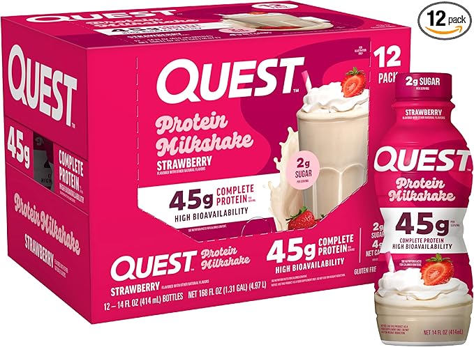 Quest Nutrition Strawberry Protein Shake, 45g Protein, 2g Sugar, 4g Net Carbs, Ready to Drink, Gluten Free, 12 Count