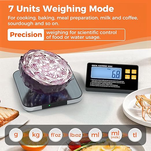Food Scale with Split Wireless LCD Display, 33lb Digital Kitchen Scale with 7 Units Tare Function, 0.1oz High Accurate Smart Cooking Scale for Baking/Cooking/Meal Prep/Milk/Dieting