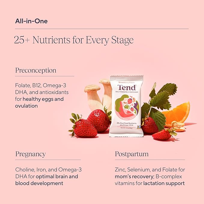 Tend Daily Best Prenatal Vitamin Bar, Made with Organic Ingredients for Pregnant & Postpartum Mothers, Includes DHA, Vitamin D, B, Choline, Folate - Strawberry Patch (4ct)