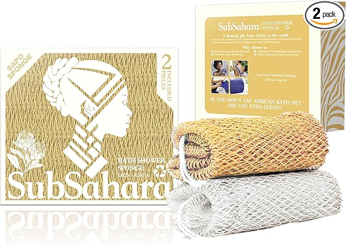 SubSahara Authentic African Net Sponge - 2 Pieces Exfoliating Scrubber for All Skin Types, Bath Sponge for Face & Body, Travel Portable, Durable, Gentle Exfoliation (Golden & Milky White)