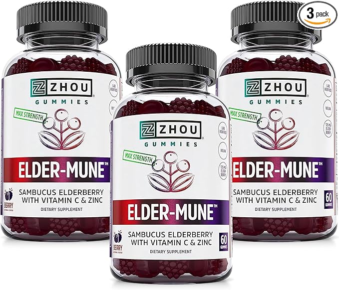 ZHOU Elder-Mune Elderberry Gummies - Black Elderberry Vitamin C, & Zinc, Daily Immune Support Supplement for Women & Men, Natural Chews for Adults & Children 4 & Up - 60 Gummies (3 Pack)