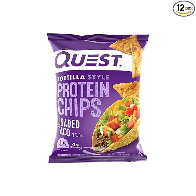 Quest Nutrition Loaded Taco Tortilla Style Protein Chips, 19g Protein, 4g Net Carb, Low Carb, Gluten Free, 1.1 oz (Pack of 12)
