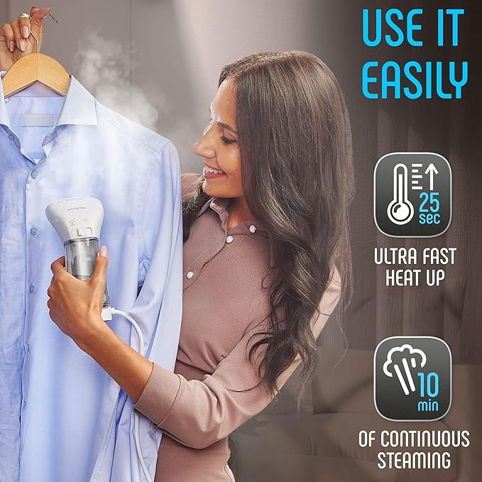 Portable Travel Garment Steamer for Clothes, Metal Steam Head, 25s Heat Up, Pump System, Mini Size, Handheld Steamer for Any Fabrics, No Water Spitting, 120V