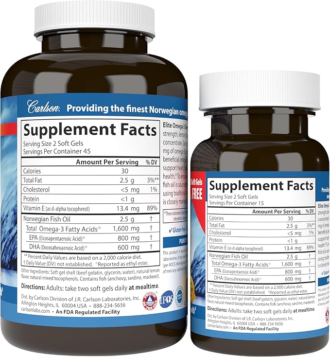 Carlson Labs Elite Omega-3, 1600 mg, Gems Fish Oil Soft Gels, Natural Lemon Flavor, 2 Pack (120 Count Each)