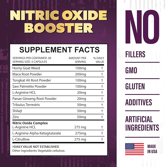 Nitric Oxide Supplements for Men - Nitric Oxide Booster for Blood Flow, Stamina Booster, Alpha Energy and Endurance - 90 Capsules