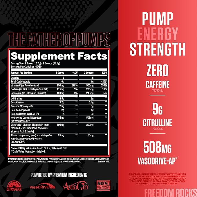 RYSE Pump Daddy V2 Pre Workout Powder - Noel Deyzel Signature - Freedom Rocks - Non-Stim Supplement with Citrulline, Creatine and Beta Alanine for Pumps, Endurance and Strength - 40 Servings