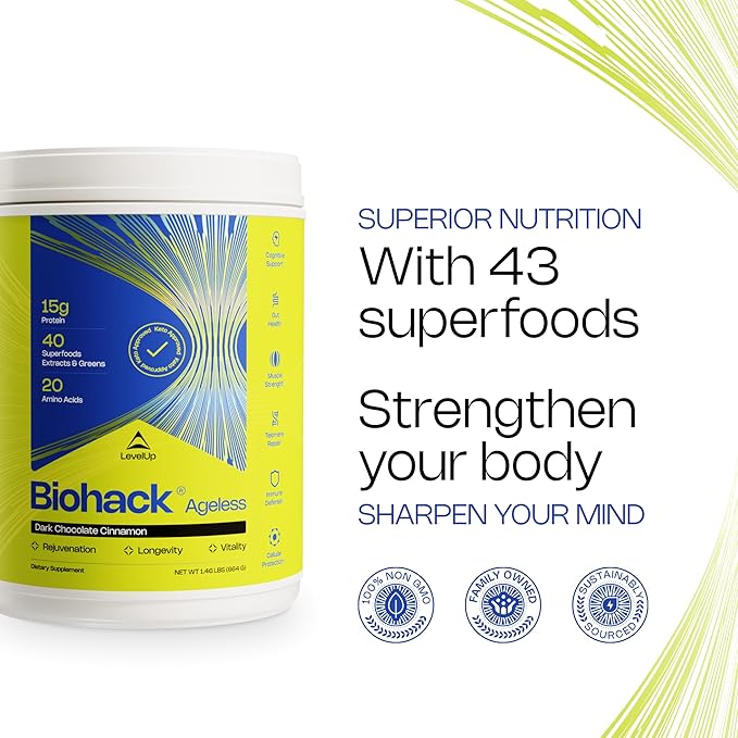LevelUp Biohack Ageless: Colostrum Collagen Superfoods Antioxidants Spermidine Amino Acids Creatine for Women and Men, Total Body Rejuvenation (Dark Chocolate Cinnamon)