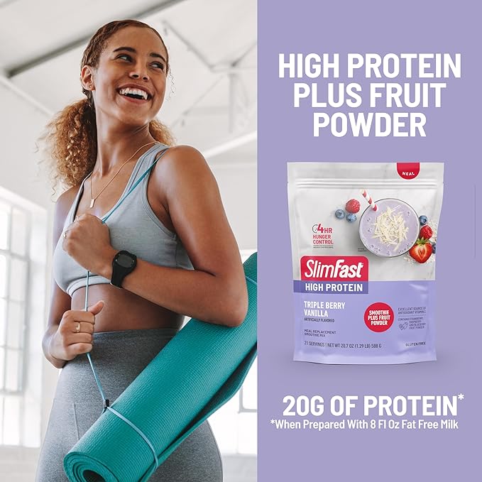 SlimFast High Protein Fruit Powder, Triple Berry Vanilla, Protein Powder Meal Replacement, 21 Servings, + SlimFast Hydration Packets, Electrolytes, Interrmittent Fasting, Apple Cider Vinegar, 12 Count