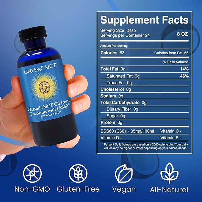 MCT Oil from Coconuts with C60 ESS60, Immune Support, Sleep Aid Rich in Antioxidants, Flexibility and Joint Support Supplement, Promotes MCT Wellness for Energy Boost, 8 oz