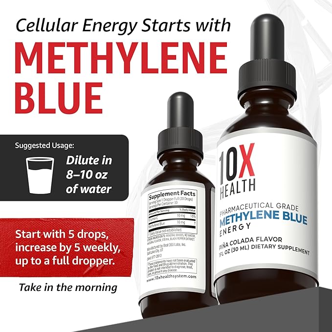 10X Health Methylene Blue Drops with Black Pepper Extract - 30ml Methylene Blue Pharmaceutical Grade Liquid - Boost Energy, Enhance Focus & Cognitive Support - Pina Colada Flavor, Vegan, Non-GMO