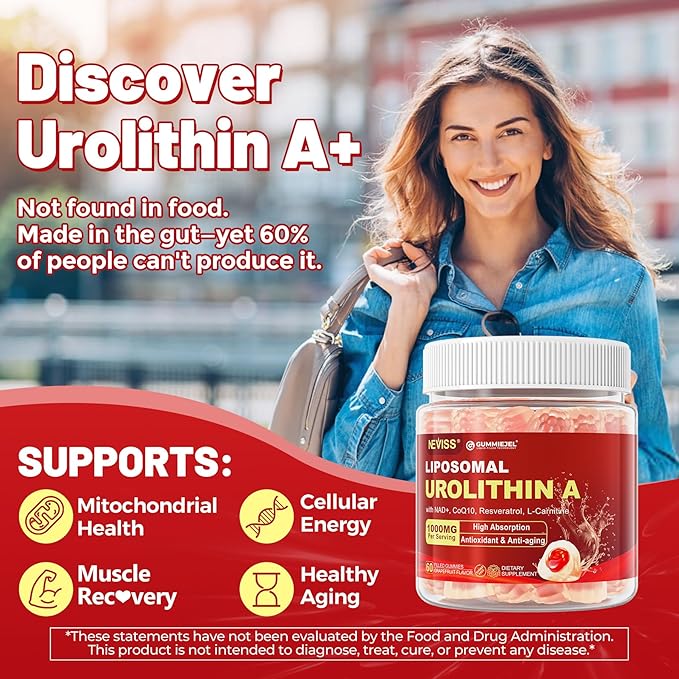 Urolithin A 1000mg Gummies with NAD+, CoQ10, Resveratrol & L-Carnitine – Liposomal Urolithin A+ Supplement for Mitochondrial & Cellular Energy, Muscle & Healthy Aging – High Absorption – Vegan, 60ct